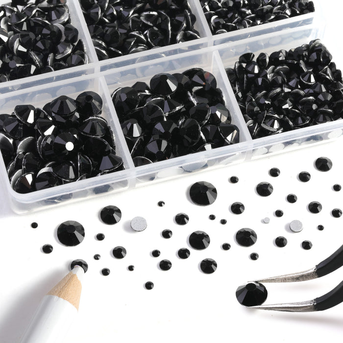 Beadsland 8300 piezas de diamantes de imitación con reverso plano, gemas para uñas, diamantes de imitación de cristal redondos para manualidades, 10 tamaños mezclados con lápiz de cera y kit de pinzas, SS3-SS30-negro