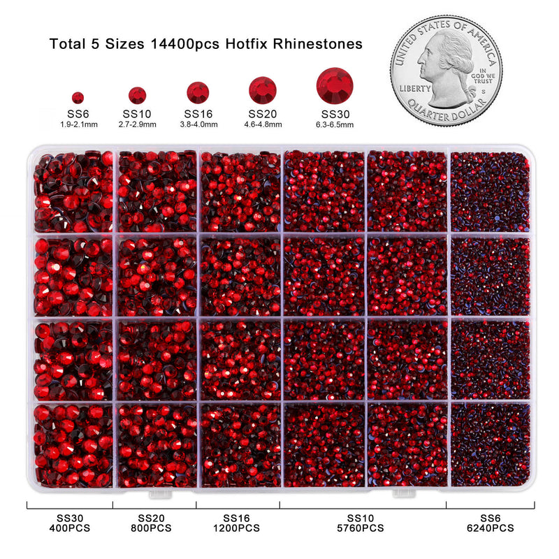 Red Hotfix Rhinestones Multi Sizes Kit, 14400 pcs Heat Fix Rhinestone for Bedazzling Clothes Crafts Mixed 5 Sizes with Wax Pencil,Tweezers and Spoon, SS6-SS30, Siam