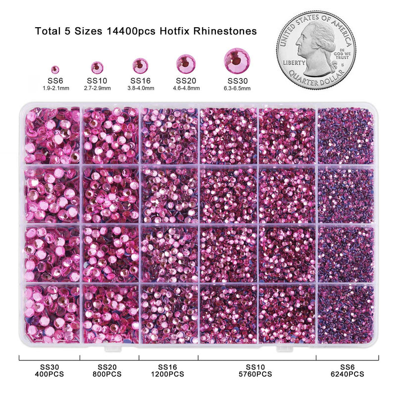 Pink Hotfix Rhinestones Multi Sizes Kit, 14400 pcs Heat Fix Rhinestone for Bedazzling Clothes Crafts Mixed 5 Sizes with Wax Pencil, Tweezers and Spoon, SS6-SS30, Dark Pink