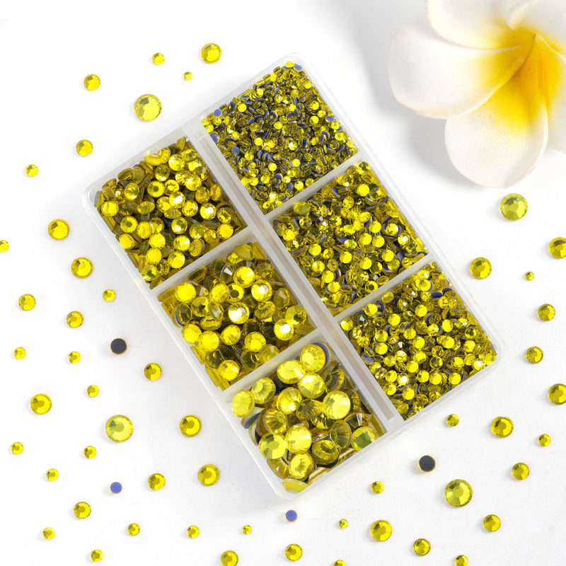 Hotfix Rhinestones 3960pcs, Rhinestone for Clothes, Hot Fix Crystals Rhinestones with Tweezers and Wax Pencil Kit,Mixed 5 Sizes, SS6-SS30, Lemon Yellow