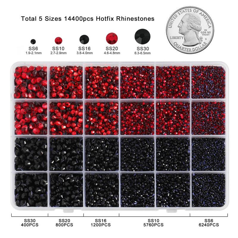 Hotfix Rhinestones Multi Sizes Kit, 14400 pcs Heat Fix Rhinestone for Bedazzling Clothes Crafts Mixed 5 Sizes with Wax Pencil, Tweezers and Spoon, SS6-SS30, Siam and Black