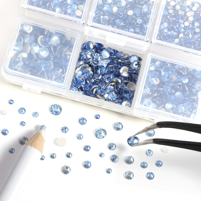 Beadsland 4300pcs Flatback Rhinestones,  Nail Gems Round Crystal Rhinestones for Crafts,Mixed 6 Sizes with Picking Tweezers and Wax Pencil Kit-Light sapphire
