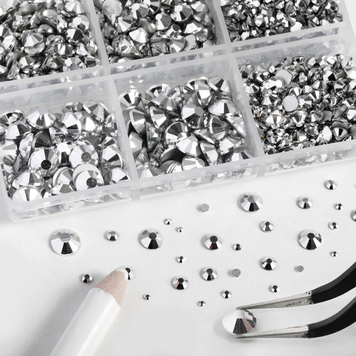 Beadsland 8300PCS Flatback Rhinestones, Nail Gems Round Crystal Rhinestones for Crafts, Mixed 10 Sizes with Wax Pencil and Tweezer Kit, SS3-SS30-Silver Hematite