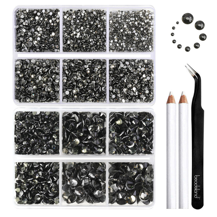 Beadsland 8300 piezas de diamantes de imitación con reverso plano, gemas para uñas, diamantes de imitación de cristal redondos para manualidades, 10 tamaños mezclados con lápiz de cera y kit de pinzas, SS3-SS30-Black Diamond