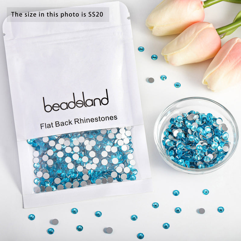 Beadsland Flat Back Crystal Rhinestones Round Gems For Nail Art And Craft Glue Fix - Aquamarine