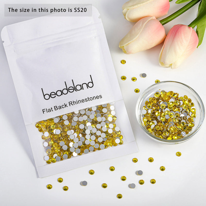 Beadsland Flat Back Crystal Rhinestones Round Gems For Nail Art And Craft Glue Fix - Lemon Yellow