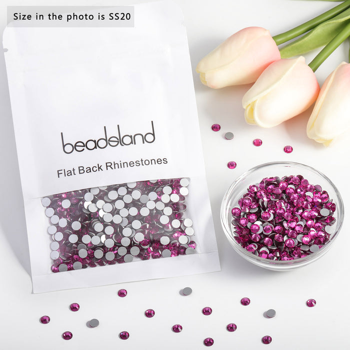Beadsland Flat Back Crystal Rhinestones Round Gems For Nail Art And Craft Glue Fix - Fuchsia