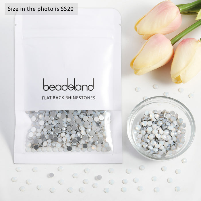 Beadsland Flat Back Crystal Rhinestones Round Gems For Nail Art And Craft Glue Fix - White Opal