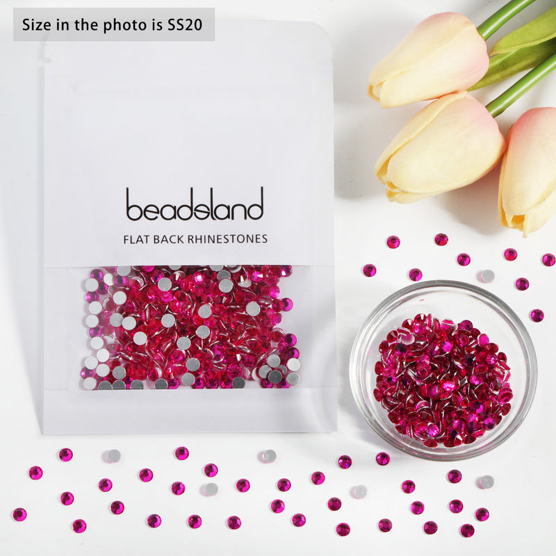 Beadsland Flat Back Crystal Rhinestones Round Gems For Nail Art And Craft Glue Fix - Hot Pink