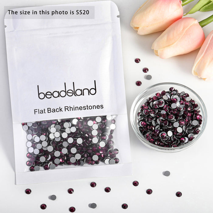 Beadsland - Diamantes de imitación de cristal con parte trasera plana, gemas redondas para decoración de uñas y pegamento para manualidades, color amatista