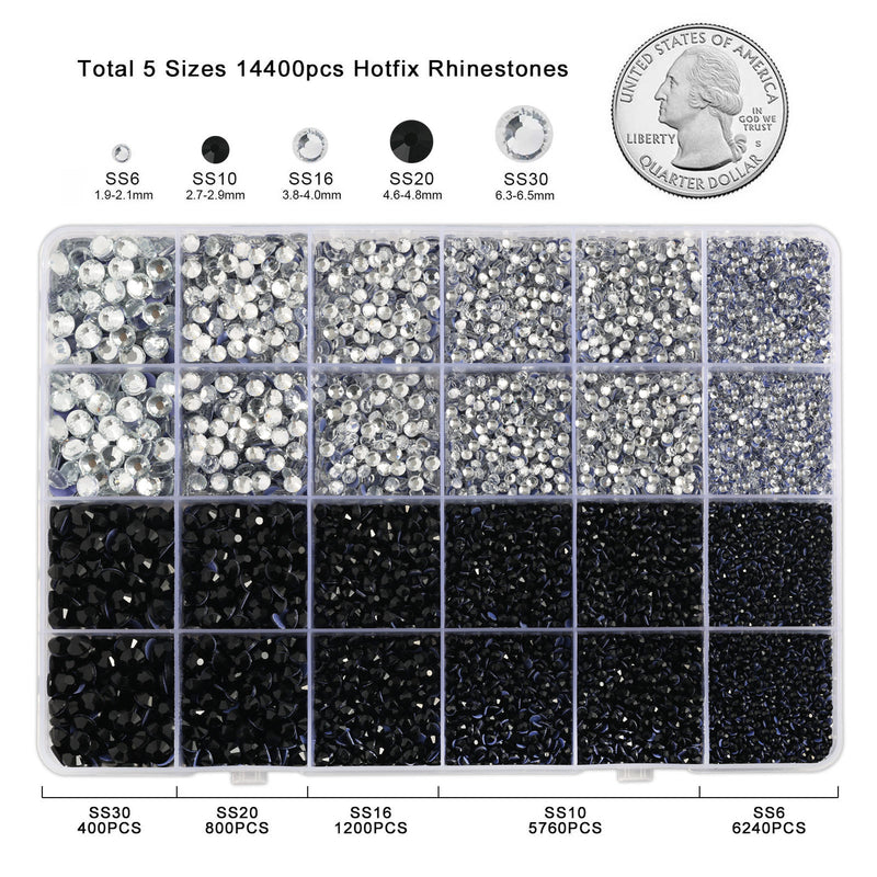 Hotfix Rhinestones Kit,Crystal and Black, Mixed 5 Sizes 14400pcs