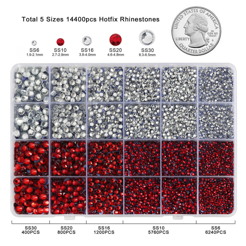 Hotfix Rhinestones Kit,Crystal and Siam, Mixed 5 Sizes 14400pcs