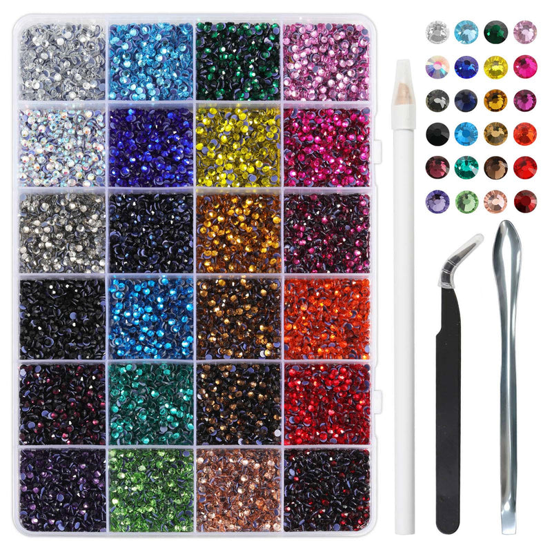Hotfix Rhinestones Mixed 24 Colors, Rhinestones for Crafts Clothes, Hotfix Crystals with 1 Tweezers, 1 Wax Pencil and 1 Scoop
