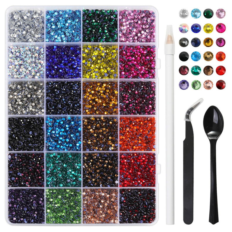 Hotfix Rhinestones Mixed 24 Colors, Rhinestones for Crafts Clothes, Hotfix Crystals with 1 Tweezers, 1 Wax Pencil and 1 Scoop