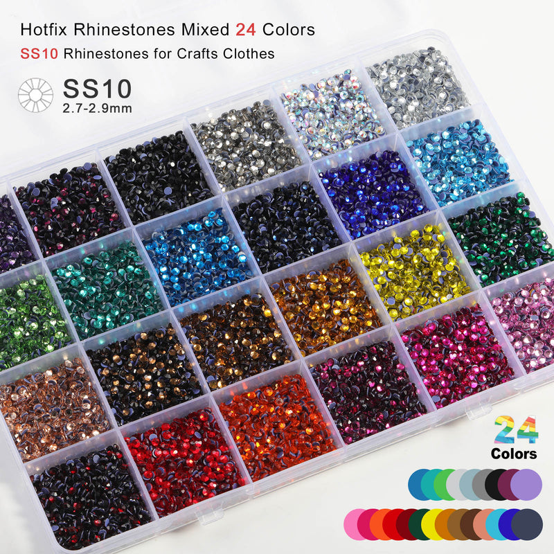 Hotfix Rhinestones Mixed 24 Colors, Rhinestones for Crafts Clothes, Hotfix Crystals with 1 Tweezers, 1 Wax Pencil and 1 Scoop