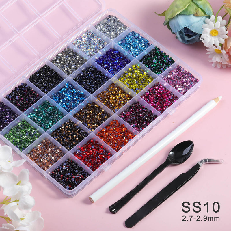 Hotfix Rhinestones Mixed 24 Colors, Rhinestones for Crafts Clothes, Hotfix Crystals with 1 Tweezers, 1 Wax Pencil and 1 Scoop