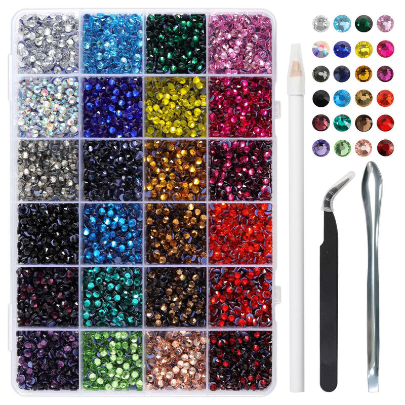 Hotfix Rhinestones Mixed 24 Colors, Rhinestones for Crafts Clothes, Hotfix Crystals with 1 Tweezers, 1 Wax Pencil and 1 Scoop
