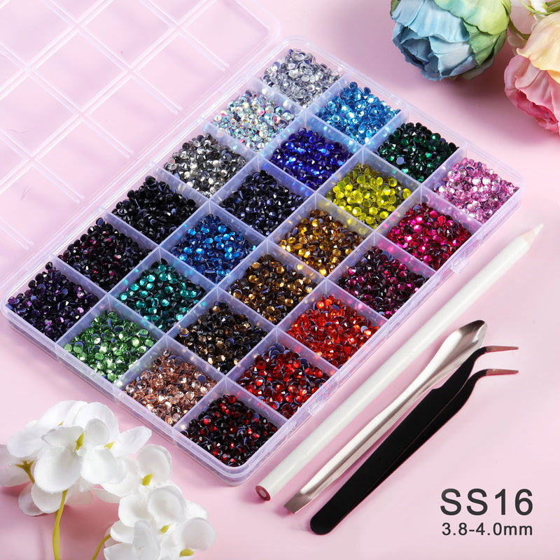 Hotfix Rhinestones Mixed 24 Colors, Rhinestones for Crafts Clothes, Hotfix Crystals with 1 Tweezers, 1 Wax Pencil and 1 Scoop