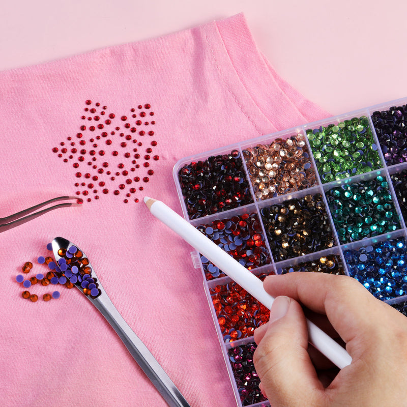 Hotfix Rhinestones Mixed 24 Colors, Rhinestones for Crafts Clothes, Hotfix Crystals with 1 Tweezers, 1 Wax Pencil and 1 Scoop