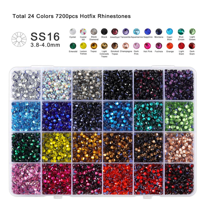 Hotfix Rhinestones Mixed 24 Colors, Rhinestones for Crafts Clothes, Hotfix Crystals with 1 Tweezers, 1 Wax Pencil and 1 Scoop
