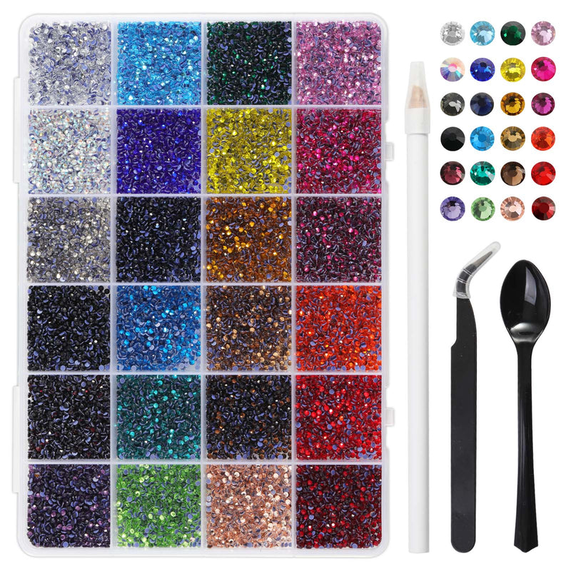Hotfix Rhinestones Mixed 24 Colors, Rhinestones for Crafts Clothes, Hotfix Crystals with 1 Tweezers, 1 Wax Pencil and 1 Scoop