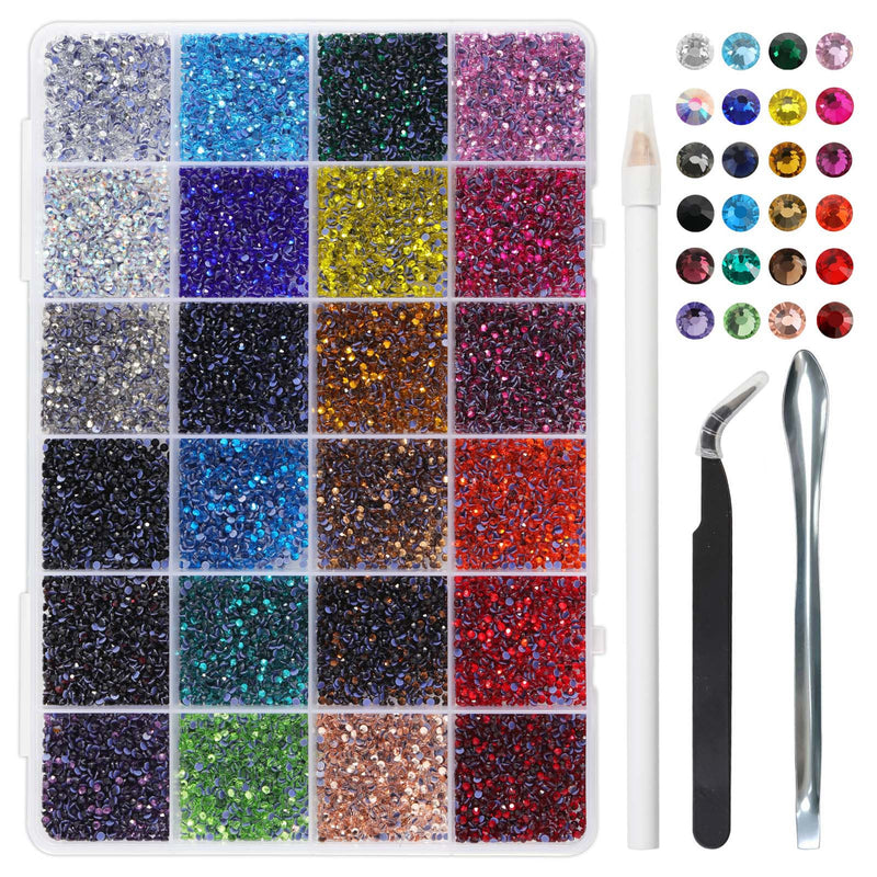 Hotfix Rhinestones Mixed 24 Colors, Rhinestones for Crafts Clothes, Hotfix Crystals with 1 Tweezers, 1 Wax Pencil and 1 Scoop