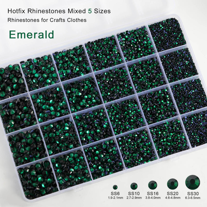 Dark Green Hotfix Rhinestones Multi Sizes Kit, 14400 pcs Heat Fix Rhinestone for Bedazzling Clothes Crafts Mixed 5 Sizes with Wax Pencil, Tweezers and Spoon, SS6-SS30, Emerald