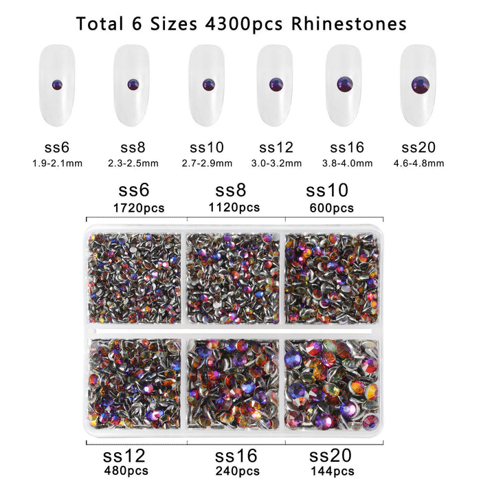 Beadsland 4300 Stück Strasssteine ​​mit flacher Rückseite, Nagelsteine, runde Kristall-Strasssteine ​​zum Basteln, gemischt in 6 Größen, mit Pinzette und Wachsstift-Set – Blauer Vulkan