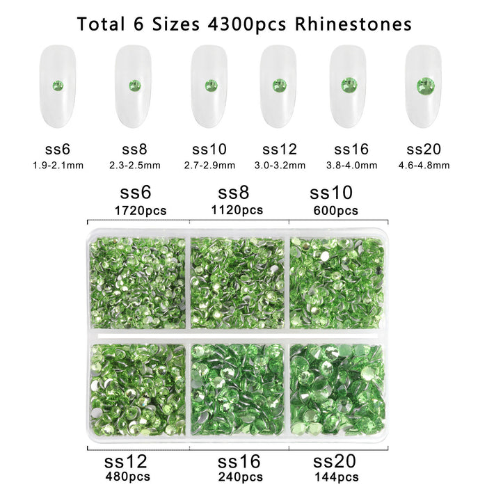 Beadsland 4300 piezas de diamantes de imitación con reverso plano, gemas para uñas, diamantes de imitación de cristal redondos para manualidades, mezcla de 6 tamaños con pinzas para recoger y kit de lápiz de cera, verde claro