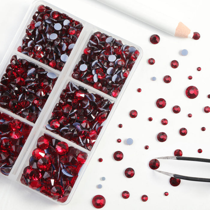 BEADSLAND Hotfix Rhinestones, 6080PCS Dark Red Rhinestones for Clothes Crafts Mixed 6 Sizes with Wax Pencil and Tweezers Kit - Dark Siam