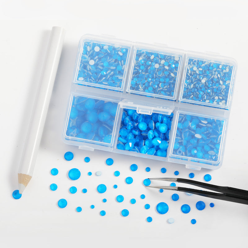 BEADSLAND Hotfix Rhinestones, 4000 PCS Neon Blue Rhinestones for Clothes Crafts Mixed 6 Sizes with Wax Pencil and Tweezers Kit, SS6-SS30, Neon Blue