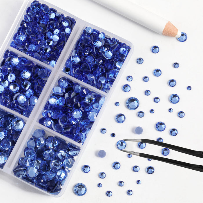 BEADSLAND Hotfix Rhinestones, 6080PCS Light Blue Rhinestones for Clothes Crafts Mixed 6 Sizes with Wax Pencil and Tweezers Kit - Light Sapphire