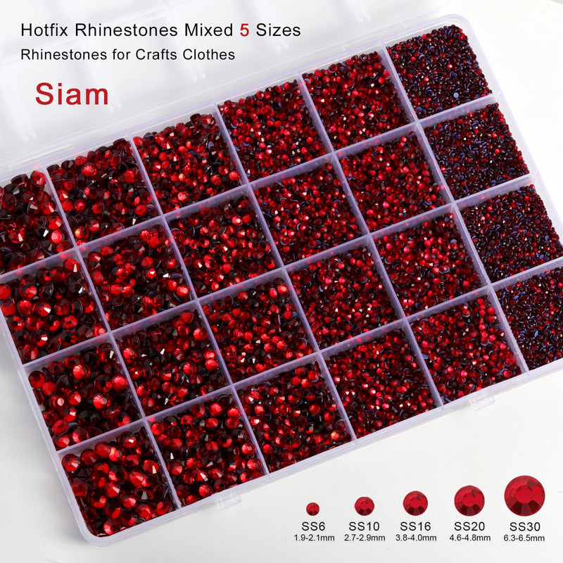 Red Hotfix Rhinestones Multi Sizes Kit, 14400 pcs Heat Fix Rhinestone for Bedazzling Clothes Crafts Mixed 5 Sizes with Wax Pencil,Tweezers and Spoon, SS6-SS30, Siam