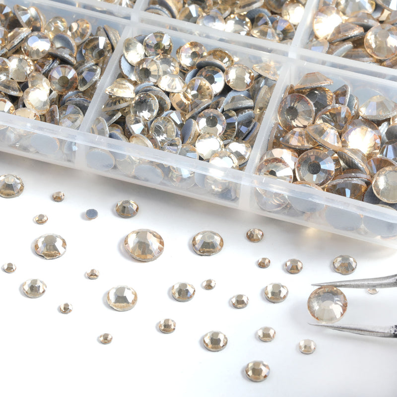 6736pcs Hotfix Rhinestones for Crafts Clothes Mixed 5 Sizes, Hotfix Crystals with Tweezers and Wax Pencil Kit, SS6-SS30- Golden Shadow