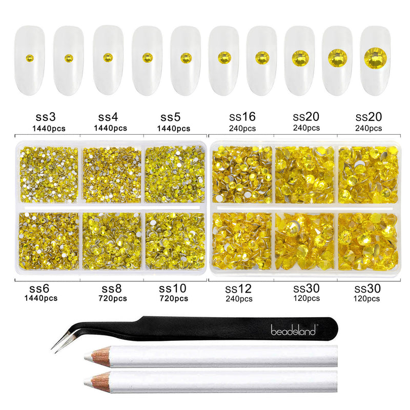 Beadsland 8300PCS Flatback Rhinestones, Nail Gems Round Crystal Rhinestones for Crafts, Mixed 10 Sizes with Wax Pencil and Tweezer Kit, SS3-SS30-Citrine/Lemon Yellow
