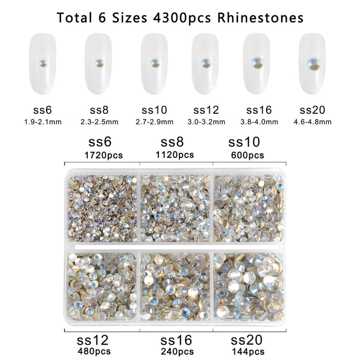 Beadsland 4300 Stück Strasssteine ​​mit flacher Rückseite, Nagelsteine, runde Kristall-Strasssteine ​​zum Basteln, gemischt in 6 Größen, mit Picking-Pinzette und Wachsstift-Set – Bluemoonlight
