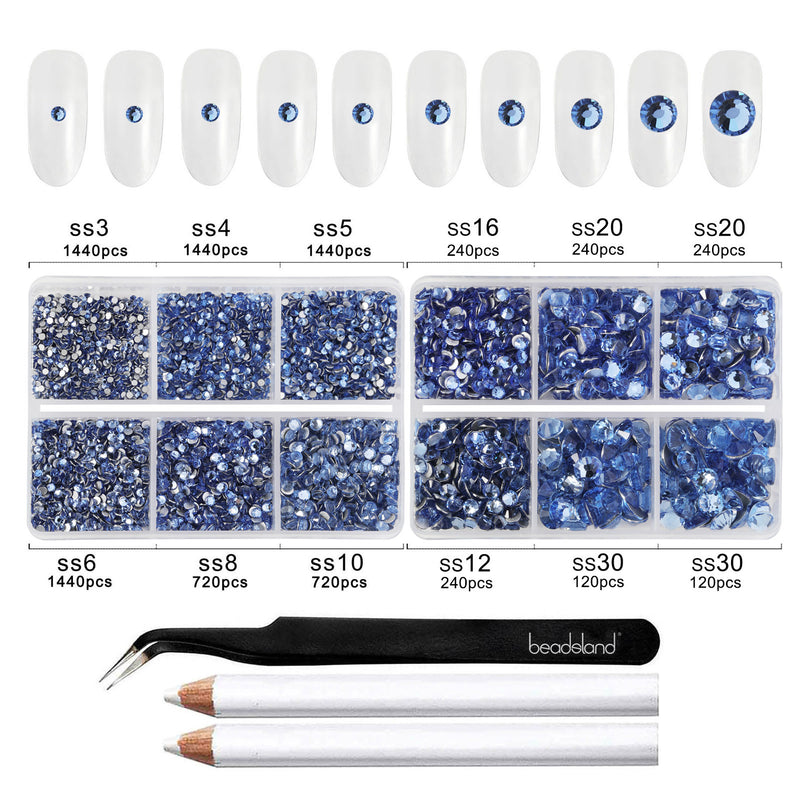 Beadsland 8300PCS Flatback Rhinestones, Nail Gems Round Crystal Rhinestones for Crafts, Mixed 10 Sizes with Wax Pencil and Tweezer Kit, SS3-SS30-Light Sapphire