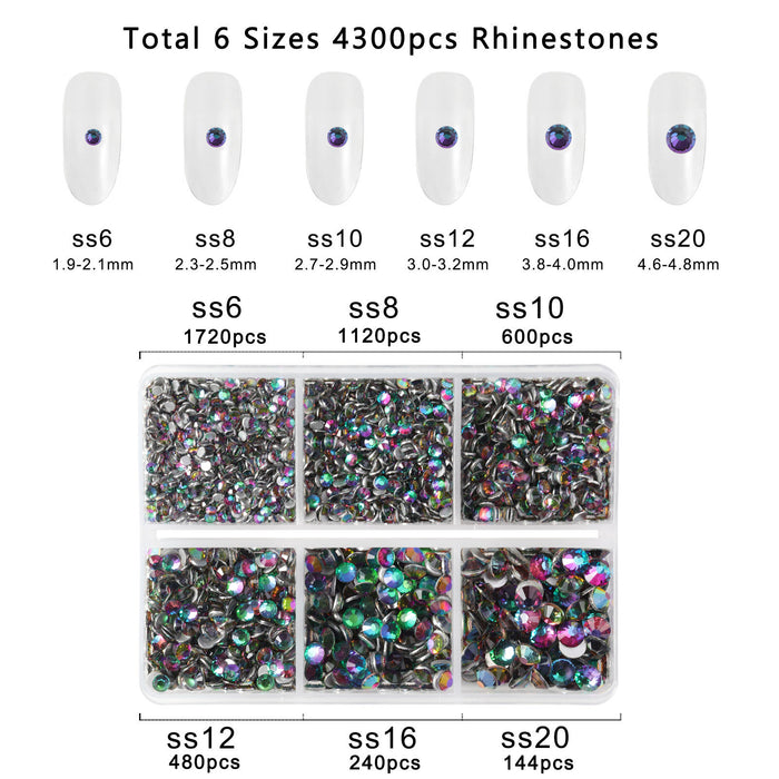 Beadsland 4300 piezas de diamantes de imitación con reverso plano, gemas para uñas, diamantes de imitación de cristal redondos para manualidades, mezcla de 6 tamaños con pinzas para recoger y kit de lápiz de cera, Greenvolcano