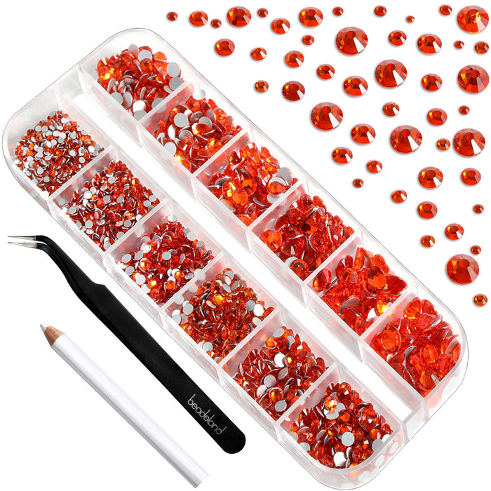Diamantes de imitación Beadsland para maquillaje, 8 tamaños, 2500 piezas, diamantes de imitación con reverso plano, gemas para la cara para uñas, manualidades con pinzas y lápiz de cera, naranja