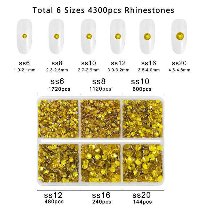 Beadsland 4300pcs Flatback Rhinestones,  Nail Gems Round Crystal Rhinestones for Crafts,Mixed 6 Sizes with Picking Tweezers and Wax Pencil Kit- Citrine/Lemon Yellow