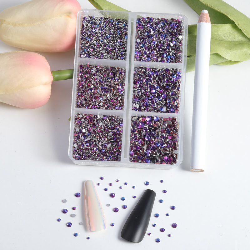 Beadsland 7200pcs Flatback Rhinestones,Nail Gems Round Crystal Rhinestones for Crafts,Mixed 6 Sizes with Wax Pencil Kit, SS3-SS10-Purple Velvet