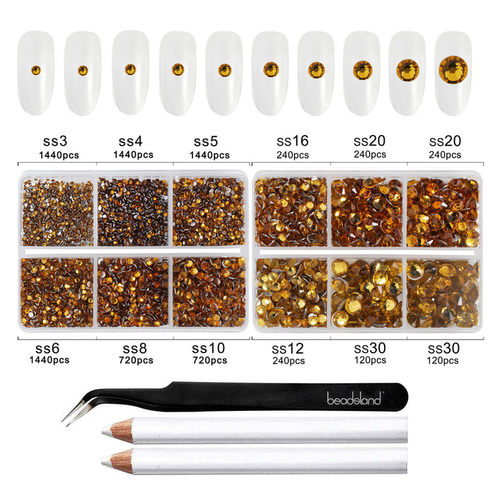 Beadsland 8300PCS Flatback Rhinestones, Nail Gems Round Crystal Rhinestones for Crafts, Mixed 10 Sizes with Wax Pencil and Tweezer Kit, SS3-SS30-Topaz