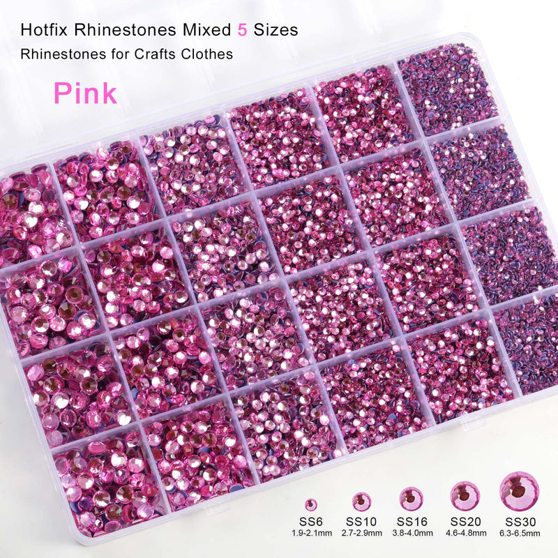 Pink Hotfix Rhinestones Multi Sizes Kit, 14400 pcs Heat Fix Rhinestone for Bedazzling Clothes Crafts Mixed 5 Sizes with Wax Pencil, Tweezers and Spoon, SS6-SS30, Dark Pink