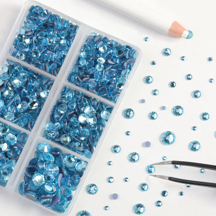 BEADSLAND Hotfix Rhinestones, 6080PCS Blue Rhinestones for Clothes Crafts Mixed 6 Sizes with Wax Pencil and Tweezers Kit - Aquamarine