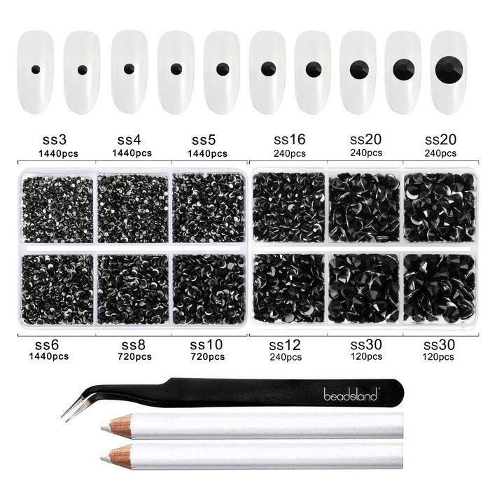Beadsland 8300 piezas de diamantes de imitación con reverso plano, gemas para uñas, diamantes de imitación de cristal redondos para manualidades, 10 tamaños mezclados con lápiz de cera y kit de pinzas, SS3-SS30-negro
