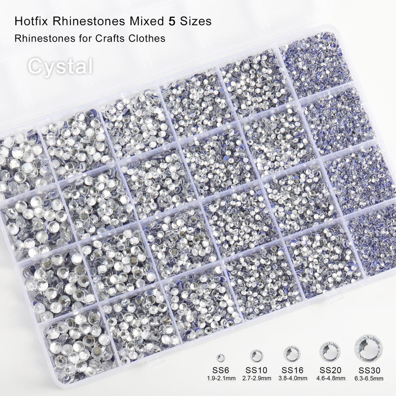 Hotfix Rhinestones Multi Sizes Kit, 14400 pcs Heat Fix Rhinestone for Bedazzling Clothes Crafts Mixed 5 Sizes with Wax Pencil, Tweezers and Spoon, SS6-SS30, Clear AB