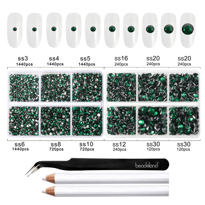 Beadsland 8300PCS Flatback Rhinestones, Nail Gems Round Crystal Rhinestones for Crafts, Mixed 10 Sizes with Wax Pencil and Tweezer Kit, SS3-SS30-Emerald