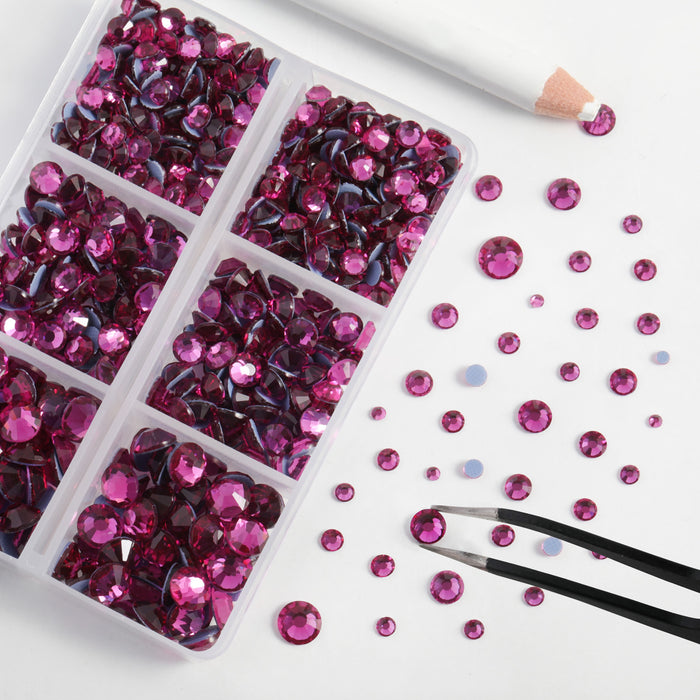BEADSLAND Hotfix Rhinestones, 6080PCS Hot Pink Rhinestones for Clothes Crafts Mixed 6 Sizes with Wax Pencil and Tweezers Kit - Fuchsia