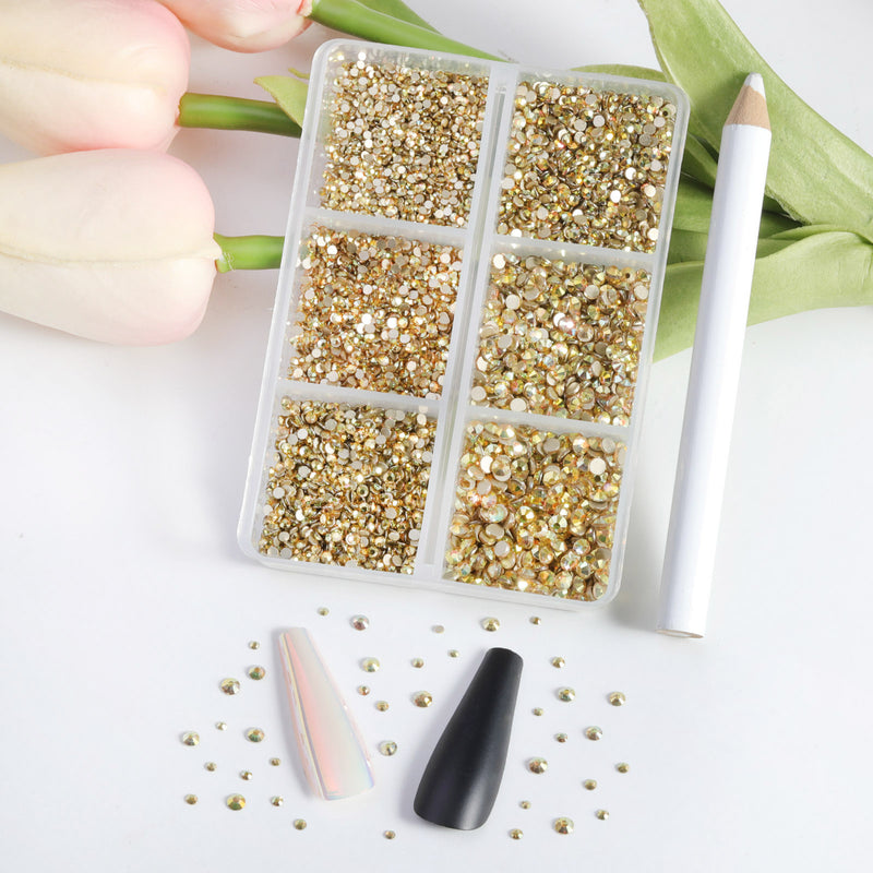 Beadsland 7200pcs Flatback Rhinestones,Nail Gems Round Crystal Rhinestones for Crafts,Mixed 6 Sizes with Wax Pencil Kit, SS3-SS10-Metal Sunlight