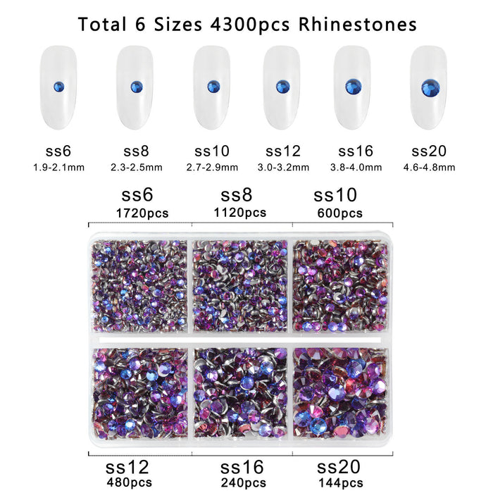 Beadsland 4300 piezas de diamantes de imitación con reverso plano, gemas para uñas, diamantes de imitación de cristal redondos para manualidades, mezcla de 6 tamaños con pinzas para recoger y kit de lápiz de cera, terciopelo morado